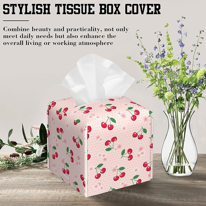 OHEGBXE Pink Polka Dot Tissue Box Holder Cherries with Blossoms Square Leather Tissue Box Cover Modern Cube Facial Paper Cover Case for Bathroom Vanity Countertop Night Stands Tabletop