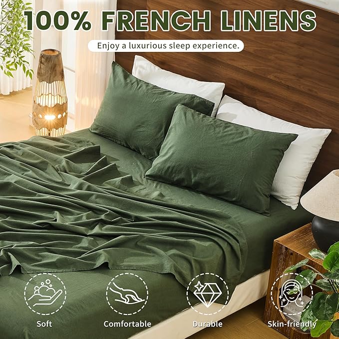 Bedlifes 100% French Pure Linen Sheets King Size Breathable and Cooling Flax Sheet Set Soft Durable and Moisture Wicking 16 Inch Deep Pocket-4 Piece(King,Forest Green)