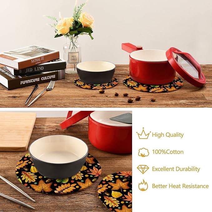 Boccsty Colorful Autumn Leaves Trivet Mat 2PCS Oak Aspen Maple Round Woven Potholders Kitchen Table Countertop Protector Hot Pads Farmhouse Coasters Counter Mats for Cooking Baking