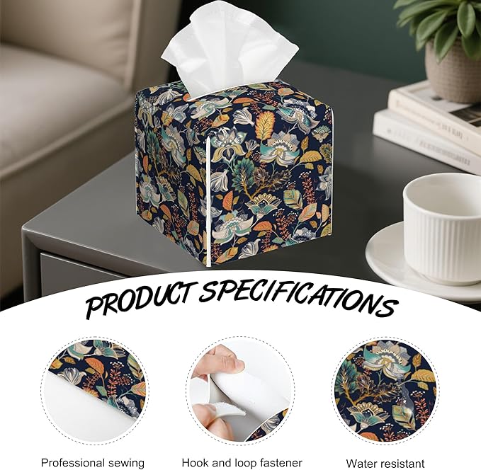 Colorful Floral Flowers Tissue Box Cover,PU Leather Tissue Box Holder Square,Modern Home Decoration for Bathroom Living Room Kitchen Office Car,5.2"×5.2"×5.2"