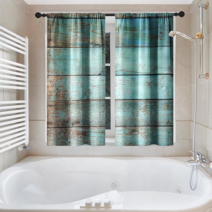 Culudea Turquoise Wooden Shower Curtain Set, Teal Green Blue Bathroom Window Waterproof Shower Curtain Set for Bathroom Decor
