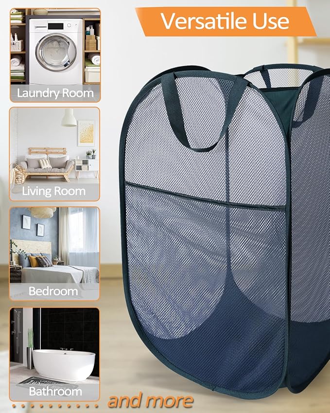 2 Pack Durable Collapsible Laundry Baskets - Reinforced Mesh Pop Up Laundry Hamper with Pocket, Foldable Dirty Clothes Hamper with Carry Handles for Laundry, Bathroom, Kids Room, Dorm or Travel Navy