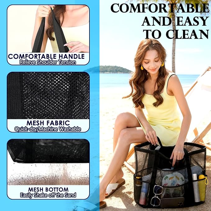 Fammart Mesh Beach Bag, Large Beach Tote with Zipper Pocket for Family Pool Bag for Toys & Vacation Essentials