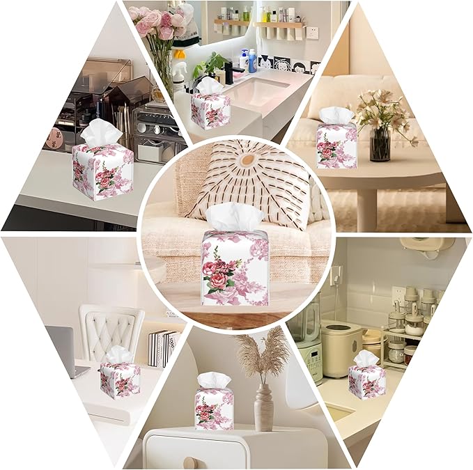 Leather Tissue Box Holder Watercolor Pink Rose Flower Tissue Box Cover Facial Paper Case Organizer Cube Napkin Dispenser for Bathroom Vanity Countertop Night Stand Office Car