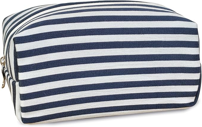 STARDW Striped Cotton Makeup Bag, Cute Cosmetic Pouch with Canvas Lining & Zipper, Travel Toiletry Bag