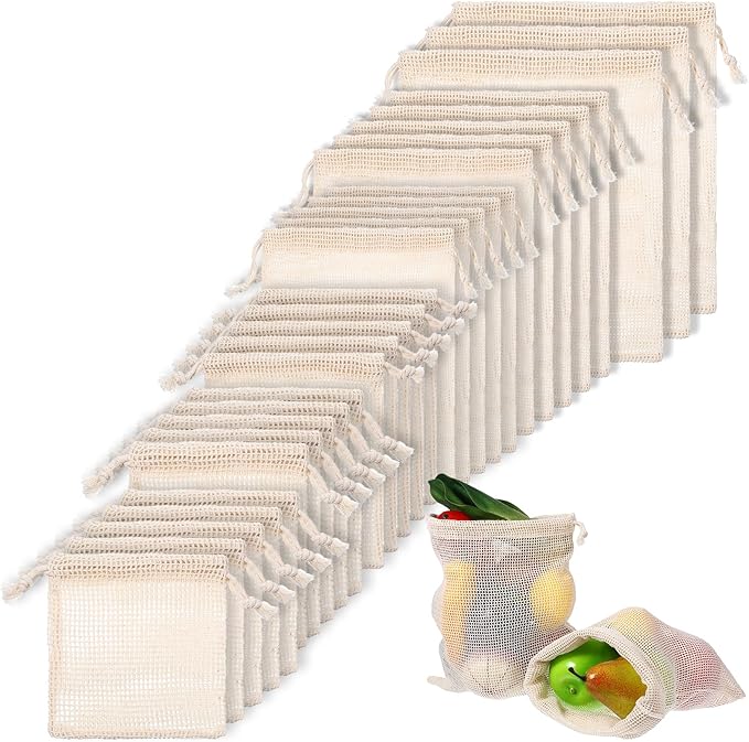 Dimeho 28 Pack Reusable Produce Bags, Mesh Vegetable Bags Washable Cotton Grocery Produce Bag with Drawstring for Vegetable Shopping Transporting Storing Farmers Market Beach