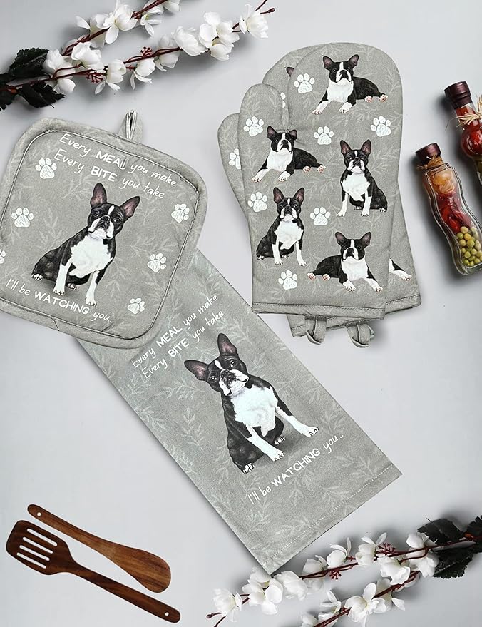 Boston Terrier 3-Piece Kitchen Set - Oven Mitt, Pot Holder & Kitchen Towel Set, Heat Resistant up to 420 F, Soft Quilted Cotton for Cooking, Baking, BBQ, Pet Lover Gifts (Boston Terrier)