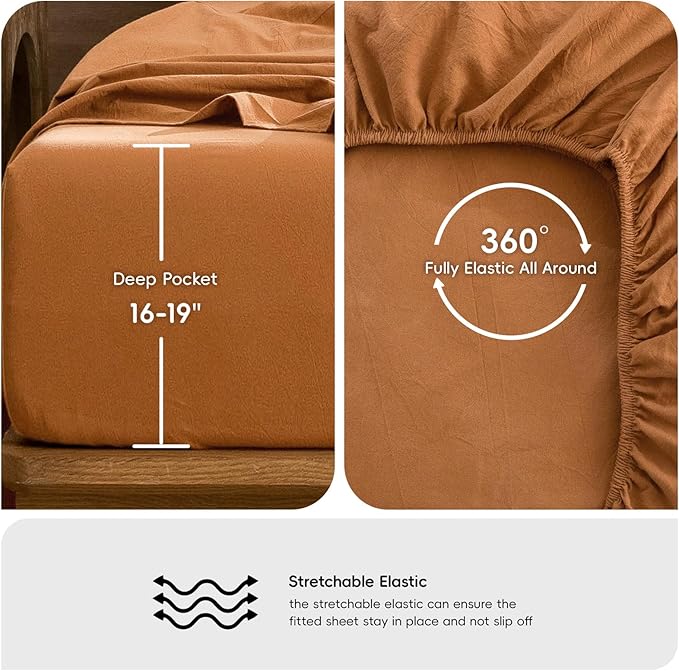 MooMee Bedding Sheet Set 100% Washed Cotton Linen Like Textured Breathable Durable Soft Comfy (Solid Burnt Orange, California King)