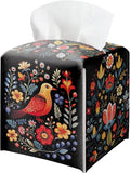 Black Tissue Box Holder, Floral Bird Leather Tissue Box Cover Square with Bottom Belt, Paper Napkins Everyday Dispenser for Bathroom Night Stands Kitchen Office Car Home Decor