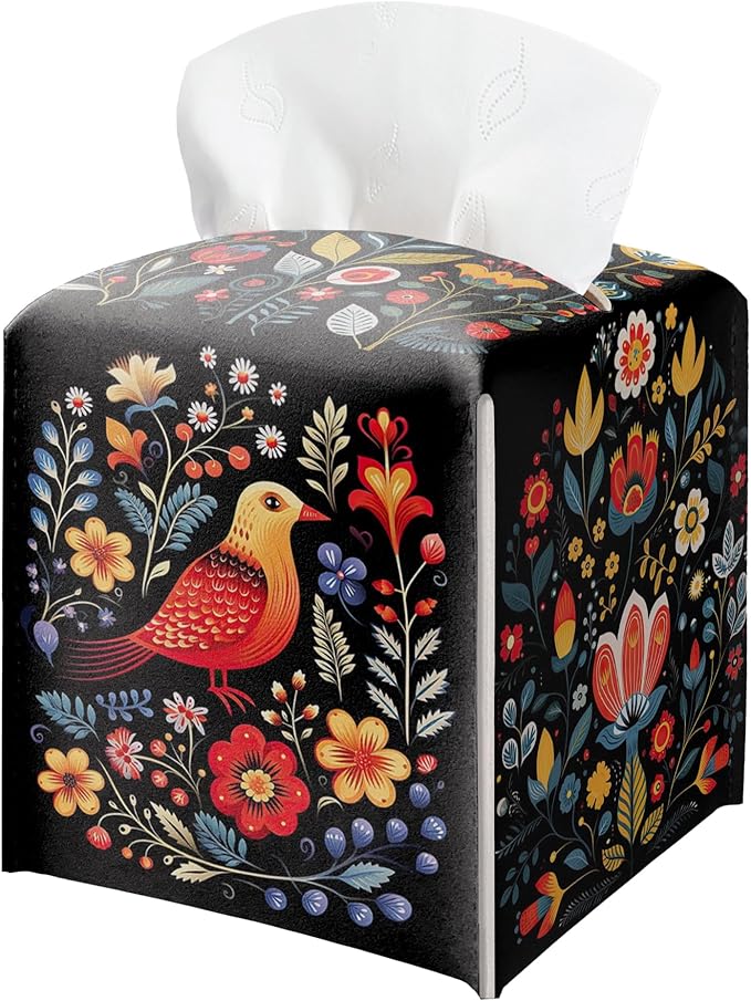 Black Tissue Box Holder, Floral Bird Leather Tissue Box Cover Square with Bottom Belt, Paper Napkins Everyday Dispenser for Bathroom Night Stands Kitchen Office Car Home Decor