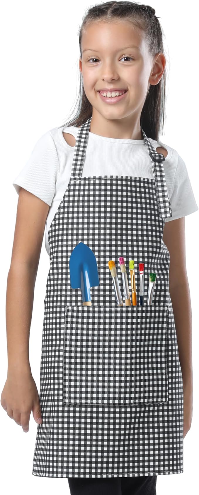 Kids Aprons for Cooking Waterdrop Resistant Aprons for Girl & Boy Toddler Apron for Painting, Gardening, Baking, Smock (Plaid Black, Medium (6-10 years)