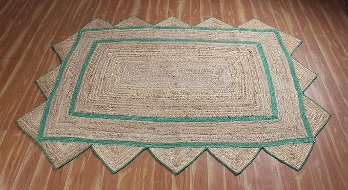Scalloped Edge Rug, Hand Woven Natural Jute Area Rug, 8x11 Ft Beige & Green Braided Sisal Kilim Rugs for Living Room, Kitchen, Entryway, Farmhouse
