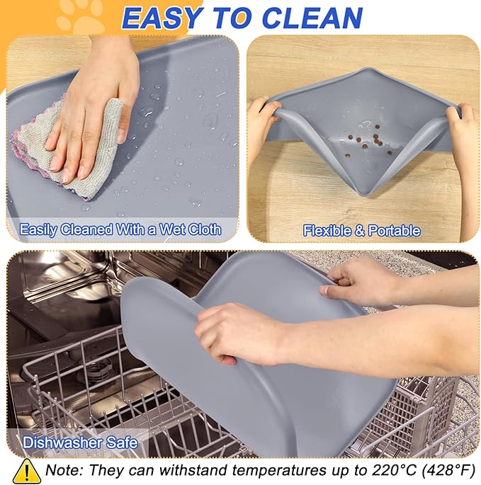 SMILOOL Silicone Pet Feeding Mat with Raised Edge for Food and Water, Dog Bowl Mats, Cat Bowls Placemat with High Lip for Floor Waterproof, Rubber Tray for Cats and Dogs 24 x 16 x0.8 Light Gray