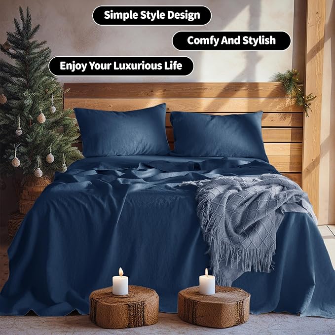 LBRO2M 100% Linen Sheet Set Twin XL Size,Bed Sheets 3 Piece Sets,Solid Color Natural Flax Bed Sheets Soft Breathable Bedding,16" Deep Pocket,All Season (Twin XL, Navy Blue)
