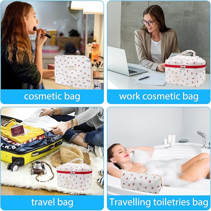 Cozomga Quilted Makeup Bag, Large Capacity Travel Cosmetic Bag for Women and Girls, Aesthetic Storage for Daily and Travel Use (3pcs-Cherry)