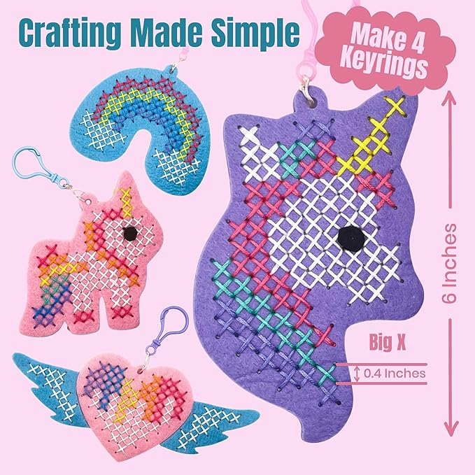 CRAFTILOO My First Cross Stitch Kit for Kids Ages 6–12 – Beginner Needlepoint Set with Pre-Cut Felt, Thread & Keyrings – Makes 4 Colorful Designs: Unicorn, Rainbow, Winged Heart