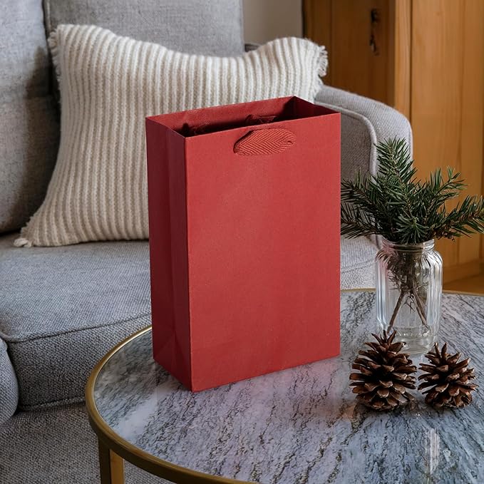 Prime Line Packaging Red Gift Bags with Handles, Mini Kraft Paper Goodie Bags for Christmas, Holiday, Treats, Wrapping, Shopping, Party Favors, Bulk, 6x3x9, 50 Pack