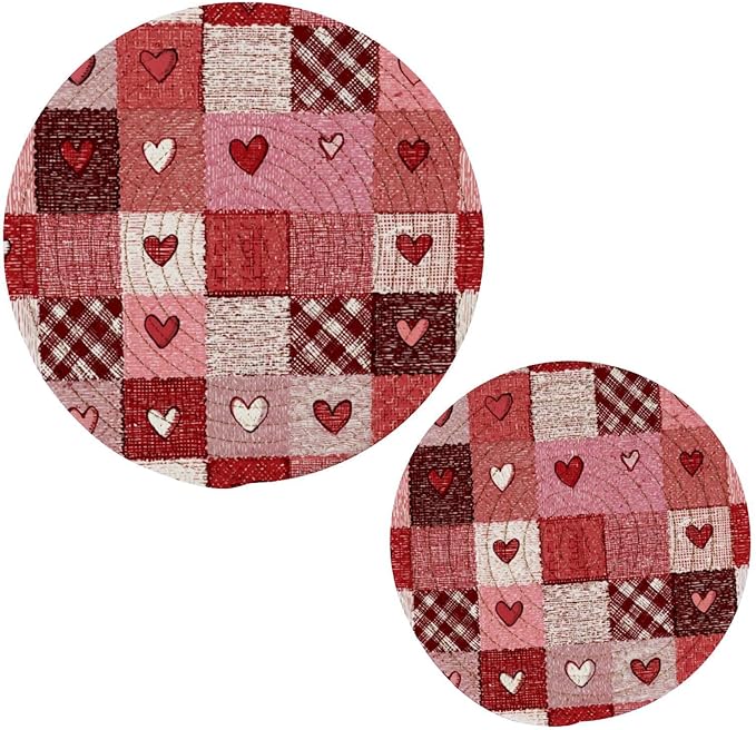 Valentine's Day Pink Hearts Trivet Mat 2PCS Plaid Tartan Round Woven Potholders Kitchen Table Countertop Protector Hot Pads Farmhouse Coasters Counter Mats for Cooking Baking