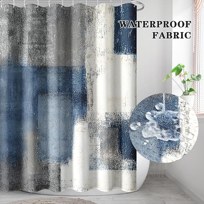 Culudea Navy Blue Grey Painting Shower Curtain Set, Gray Contemporary Modern Abstract Bathroom Window Waterproof Shower Curtain Set for Bathroom Decor