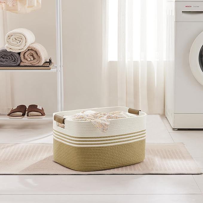 SunNewt 45L Small Laundry Basket with Leather Handles for Living Room Storage, Woven Rope Baskets Bin for Blanket, Kids Toy, Gifts, Wicker Hamper for Bedroom Dirty Clothes, 18"x14"x11" Khaki