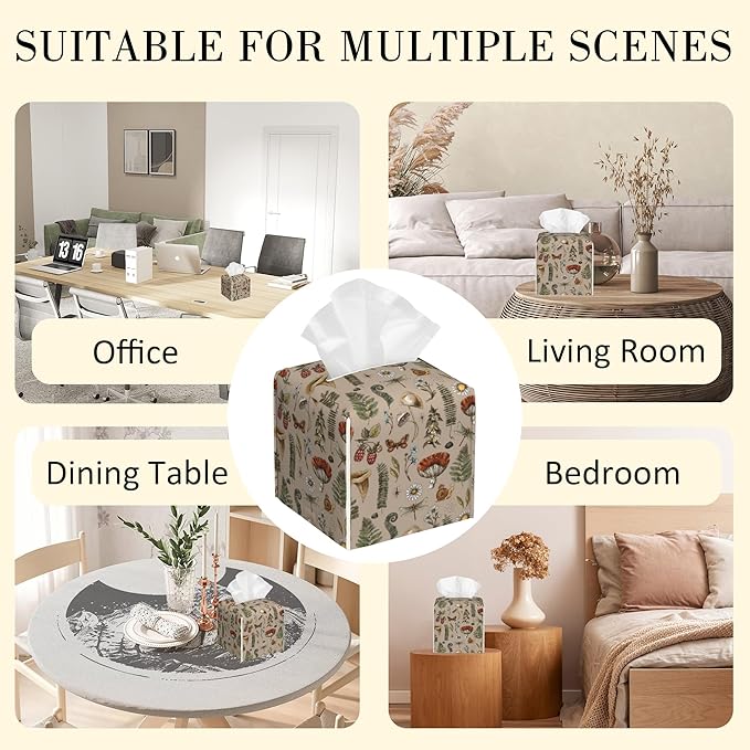 POIUBLE Woodland Fern Mushroom Tissue Box Cover Leather Tissue Box Holder Square Facial Paper Organizer Dispenser for Bathroom Kitchen Bedroom Vanity Countertop Night Stands