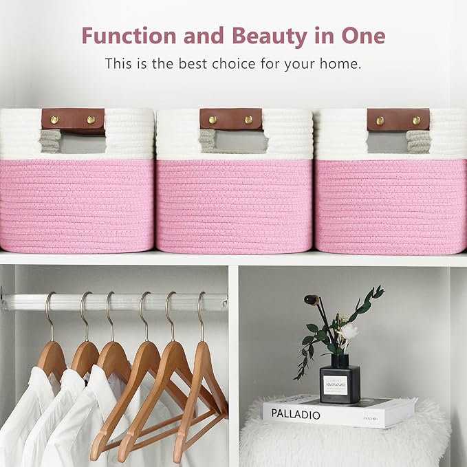 ECDYQXVU Cotton Rope Basket, Storage Baskets with Handle, 15x10x9 Inch Woven Basket for Shelves, Laundry, Towels, Clothes, Books (White/Pink 3Pack)