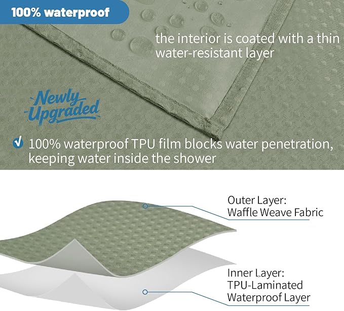 THAIGEE 2-in-1 Waterproof Fabric Shower Curtain - No Separate Liner Needed, Hotel-Style Waffle Weave, Effortless Cleaning & Washable Bathroom Shower Curtain Set,72Wx78H,SageGreen