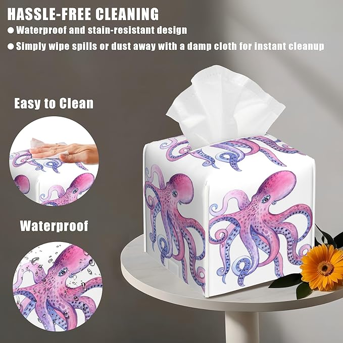 Sea Creature Leather Tissue Box Holder Pink and Purple Octopus Tissue Box Cover Facial Paper Case Organizer Cube Napkin Dispenser for Bathroom Vanity Countertop Night Stand Office Car