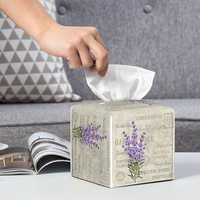 POIUBLE Leather Tissue Box Holder Lavender Flowers Tissue Box Cover Square Waterproof Tissue Holder Organizer Modern Napkin Holder for Bedroom Dresser Night Stand Office Desk