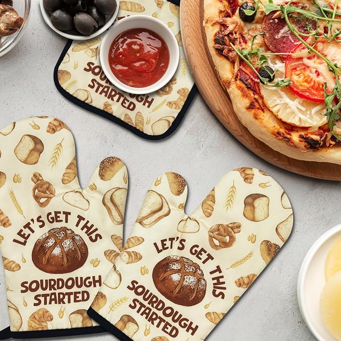 Funny Oven Mitts and Pot Holders Set of 3, Let's Get This Sourdough Started, Heat Resistant Non-Slip Kitchen Mitts Hot Pads, Sourdough Baker Gifts, Housewarming Gifts for Chef Bake Lovers