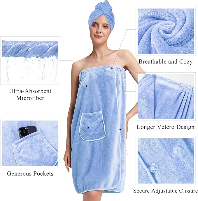 PJGGZ Towel Wrap for Women, Three Adjust Clasps Closure Bath Wraps After Shower Spa Sauna Bathrobe(Available in Plus Size)