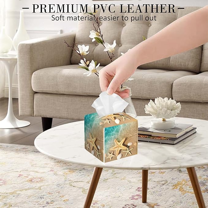 POIUBLE Beach Theme Tissue Box Holder Seashell Starfish Print Tissue Box Cover Square Leather Tissue Holder Organizer Portable Decorative Facial Paper Case for Home Office Bathroom Vanity Countertop