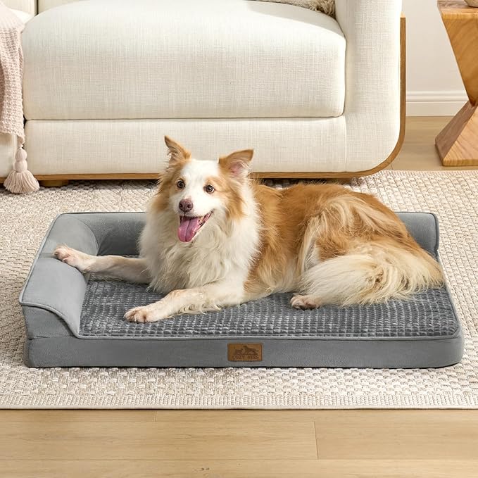 COZY KISS Orthopedic Dog Bed for Large Size Dog, XL Dogs Crate Bed, L Shaped Foam Anti-Slip Bottom Pet Cat Sofa with Washable Removable Cover, Suitable for Pet Up to 100 lbs, 42x30x7.5 inch, Grey