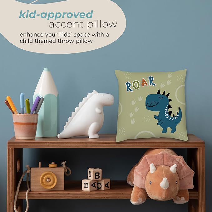 Kids Dinosaur Throw Pillow - 18" x 18" - Double-Sided Printing - Includes Insert - Kids Bedroom Accent Pillow - Nursery Decor - Printed in USA