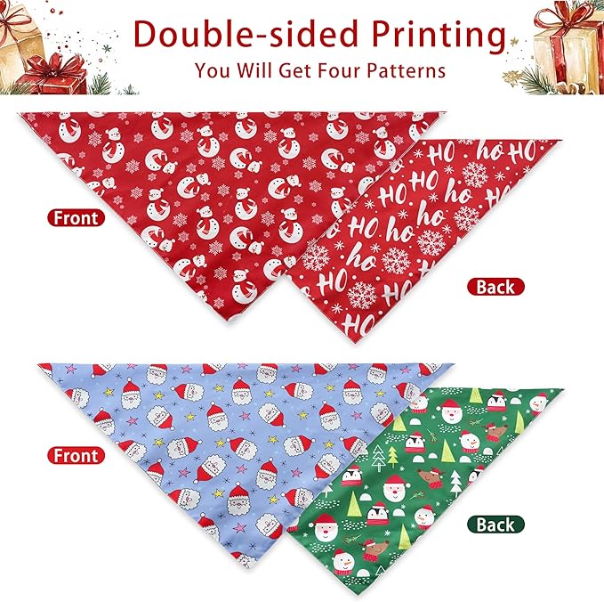 Christmas Dog Bandanas Reversible 2 Pack Small, Red Santa Claus Snowman Snowflakes Christmas Pet Bandanas Set Adjustable Triangle Winter Xmas Holiday Scarves for Small Medium Boy Girl Dogs