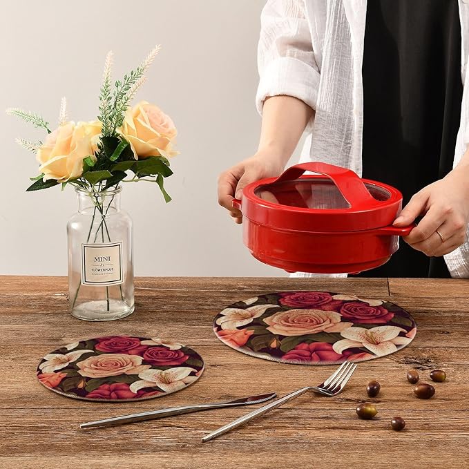Roses and Lily Flowers Bushes Trivets for Hot Dishes Pots and Pans Potholders Woven Trivet Cotton Round Large Pot Holder Decor Heat Resistant Hot Pads Mat for Table Counter Cooking Potholder Se