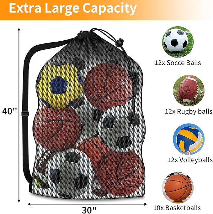 Extra Large Sports Ball Bag, Heavy Duty Breathable Mesh Storage Bag, 40" x 30" Hold 10-12 Soccer Basketball Football, Adjustable Shoulder Strap, Ideal for Coaches, Team, Swimming Gear