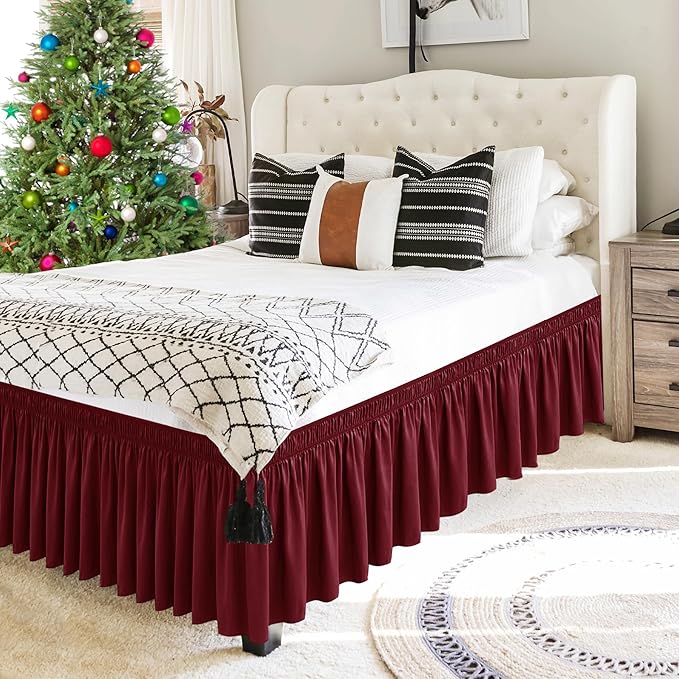 Biscaynebay Wrap Around Bed Skirts for King & Cal King Beds 17" Long Drop, Burgundy Adjustable Elastic Dust Ruffles Easy Fit Wrinkle & Fade Resistant Silky Luxurious Fabric Solid Machine Washable