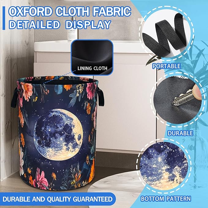 Moon Flowers Laundry Basket Oxford Cloth Night Starry Sky Laundry Hamper With Handle Foldable Portable Clothes Storage Basket 18.9 X 16.5 In Storage Bag For Laundry Room/Bathroom/Bedroom