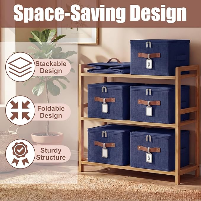 Fiwochic 6 Pack Fabric Storage Bins with Lids and Label, 10×8×7Inch Foldable Cotton Linen Cute Storage Boxes with PU Leather Handles for Closet, Bedroom, Shelf, Nursery, Dark Blue