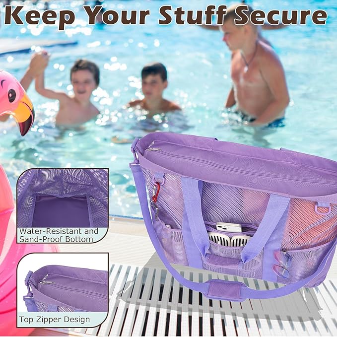 Fammart Mesh Beach Bag, Large Beach Tote Bags with Zipper, Toys Pool Bag for Family Travel Vacation Cruise Essentials