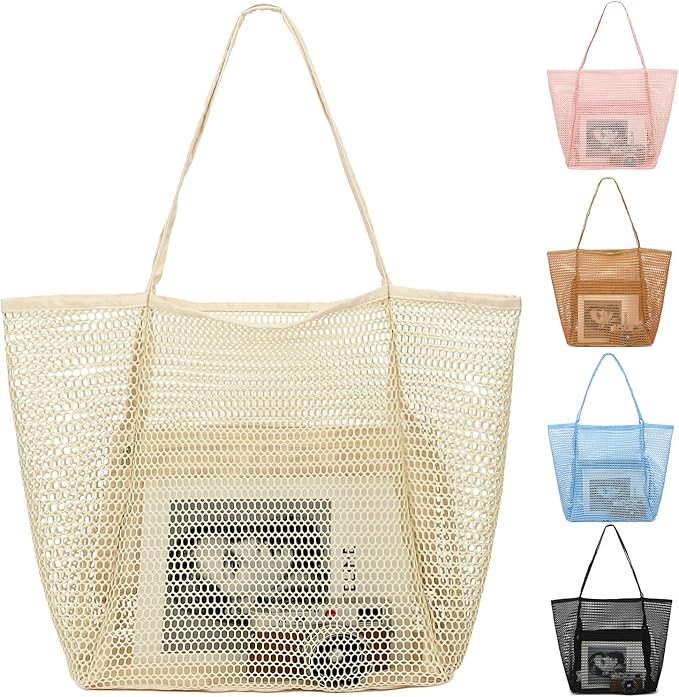 Fammart Mesh Beach Bag, Large Beach Tote with Zipper Pocket for Family Pool Bag for Toys & Vacation Essentials