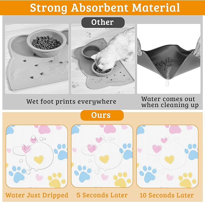 Dog Bowl Mat,Colorful Dog Paws Pet Feeding Mat for Floors Waterproof,Animal Absorbent Dogs Placemat for Food and Water Quick Dry Pet Cat Feeding Mats with Non Slip Bottom 12" x 20"