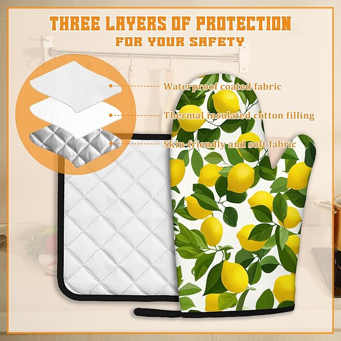 Lemon Oven Mitts and Pot Holders Set,Kitchen Decor Heat Resistant Non Slip Hot Pads and Oven Mitt for Chef Cooking Baking BBQ Mom Girl Gifts(4 Piece Set)
