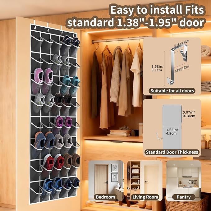 Gisiyunly Over the Door Shoe Organizer with 40 Large Pockets, Multi-Purpose Storage for Shoe and Accessories, Durable Fabric with Adjustable Hooks for Home Closet Bedroom Entryway-Black