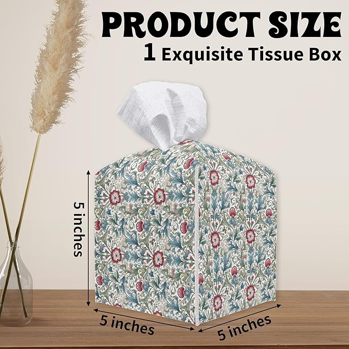 Retro Flowers Square Tissue Box Holder Cover, Tissue Cube Box Organizer for Bathroom, Living Room, Office, Countertop, Car, Night Stands, Modern Home Desk Tabletop Decor - A09