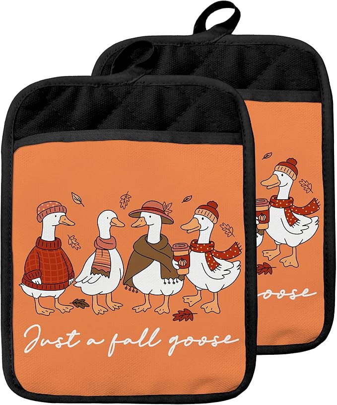 Fall Goose Pot Holders with Pockets, Goose Lover Gifts, Autumn Maple Leaf Funny Cozy Geese Oven Pot Holders Heat Resistant Oven Mitts Hot Pads for Kitchen Baking Cooking