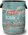 Laundry Today or Nacked Tomorrow Laundry Basket with Sturdy Handles, Blue Wood Grain Funny Collapsible Oxford Cloth Laundry Hamper Organizer Basket for Bathroom Bedroom 15.7x20 Inch