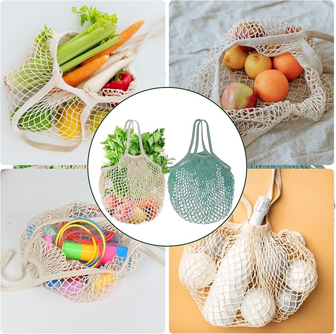 Mordx 2-Pack Reusable Mesh Grocery Bags, 100% Cotton String, Long Handle Produce Bags, Fruit & Veggie Storage