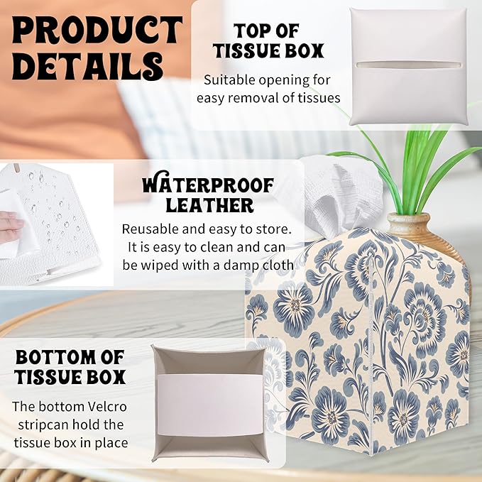 Vintage Blue Flowers Square Tissue Box Holder Cover, Floral Tissue Cube Box Organizer for Bathroom, Living Room, Office, Countertop, Car, Night Stands, Modern Home Desk Tabletop Decor - A08
